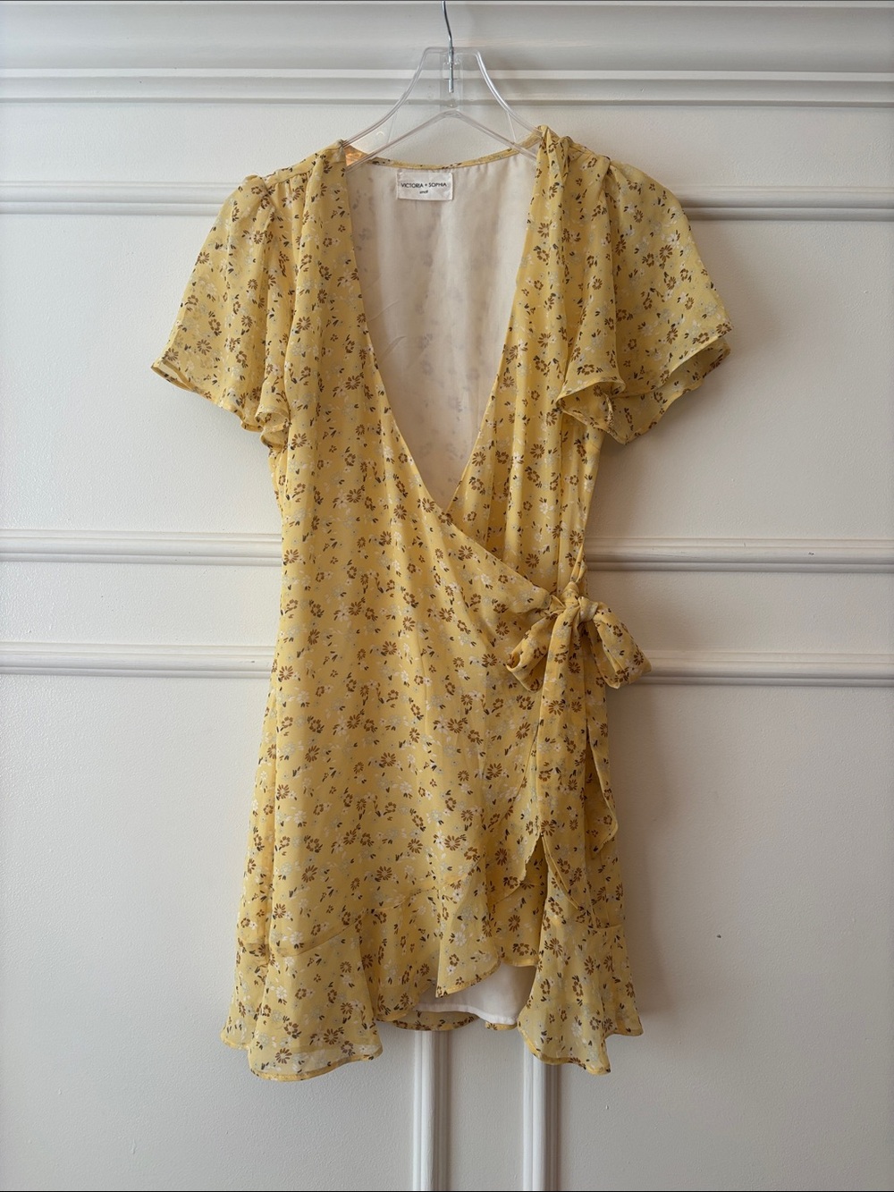 Yellow Floral Wrap Mini Dress with Tie Waist